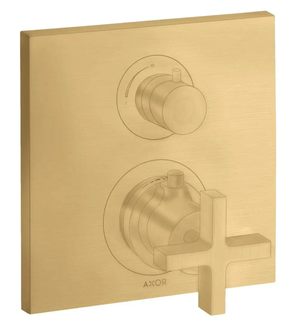 Thermostatunterputz mit Absperrventil und Kreuzgriff in Brushed Gold Optik, gefertigt von AXOR, mit zwei Bedienelementen zur Temperaturregelung.